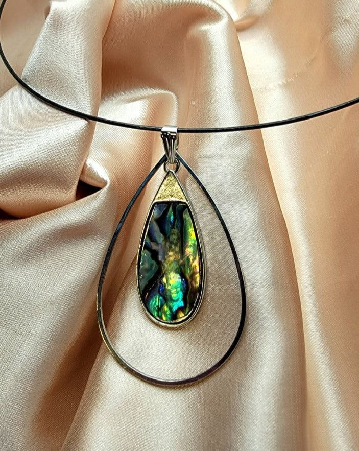 Multicolored Shell Teardrop Choker, Mystical Blue & Green Swirl Pendant, Minimalist Black Wire Necklace