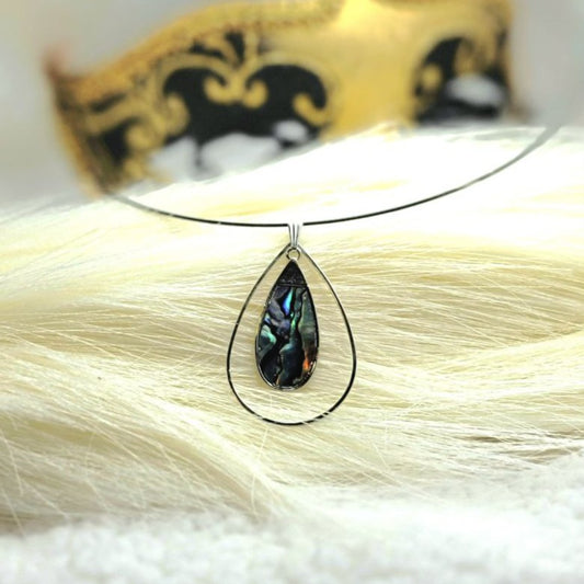 Multicolored Shell Teardrop Choker, Mystical Blue & Green Swirl Pendant, Minimalist Black Wire Necklace