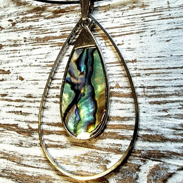 Multicolored Shell Teardrop Choker, Mystical Blue & Green Swirl Pendant, Minimalist Black Wire Necklace