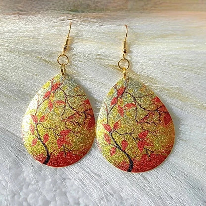 Autumn-Inspired Gold Leaf Teardrop Earring, Fall Color Palette Dangle, Women's Elegant Style Jewelry, Contemporary Style,  Fashion Forward