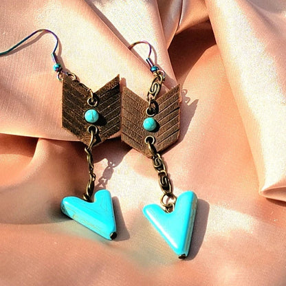 Faux Turquoise Arrow Head Earrings, Native American Dangle, Rustic Design Jewelry