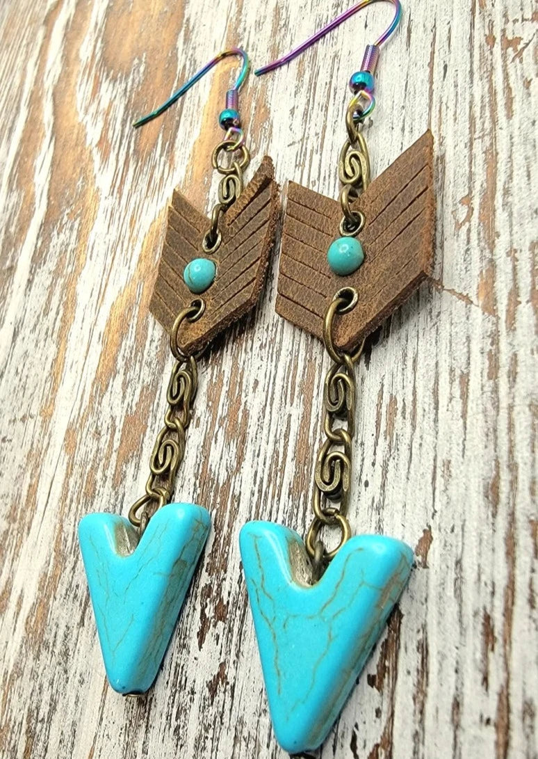 Faux Turquoise Arrow Head Earrings, Native American Dangle, Rustic Design Jewelry