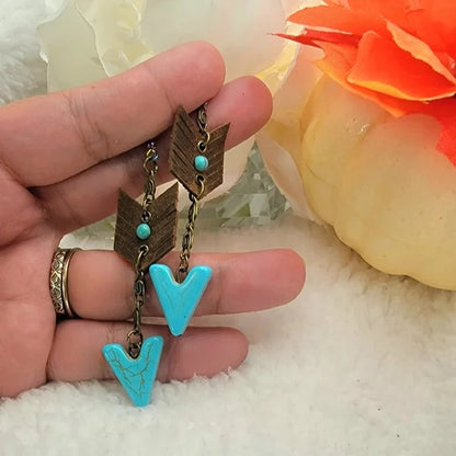 Faux Turquoise Arrow Head Earrings, Native American Dangle, Rustic Design Jewelry