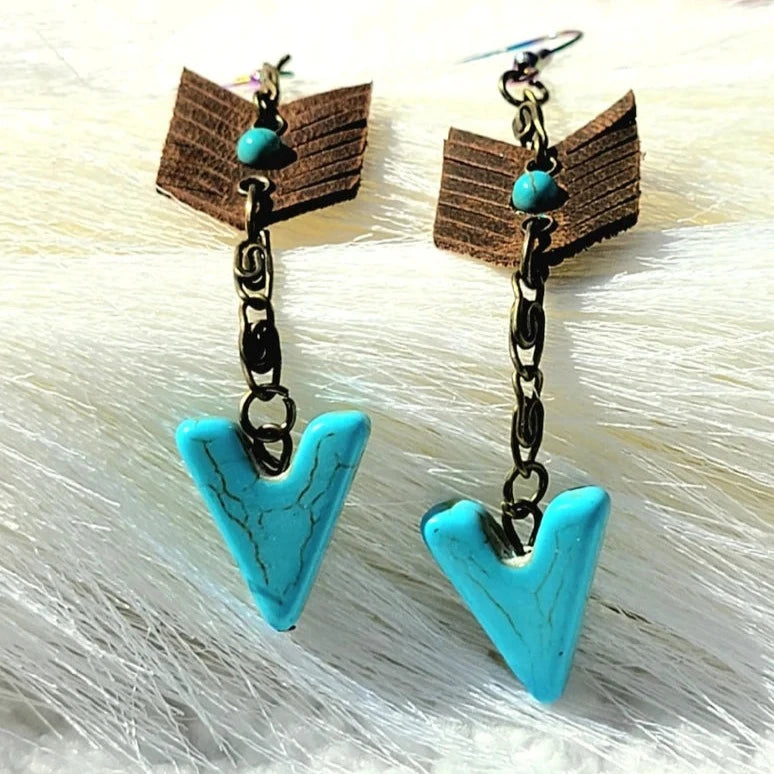 Faux Turquoise Arrow Head Earrings, Native American Dangle, Rustic Design Jewelry