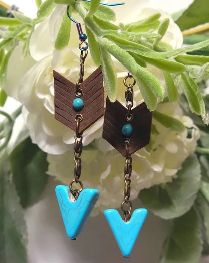 Faux Turquoise Arrow Head Earrings, Native American Dangle, Rustic Design Jewelry