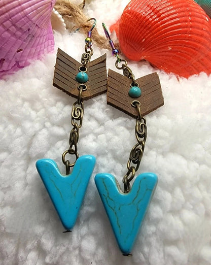 Faux Turquoise Arrow Head Earrings, Native American Dangle, Rustic Design Jewelry