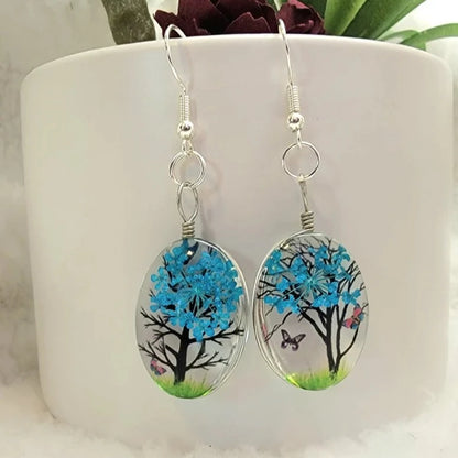 Boucle d’oreille turquoise baby’s Breath, design floral flottant, bijoux silhouette arbre de vie, pendentif fleur préservée, design naturellement pressé