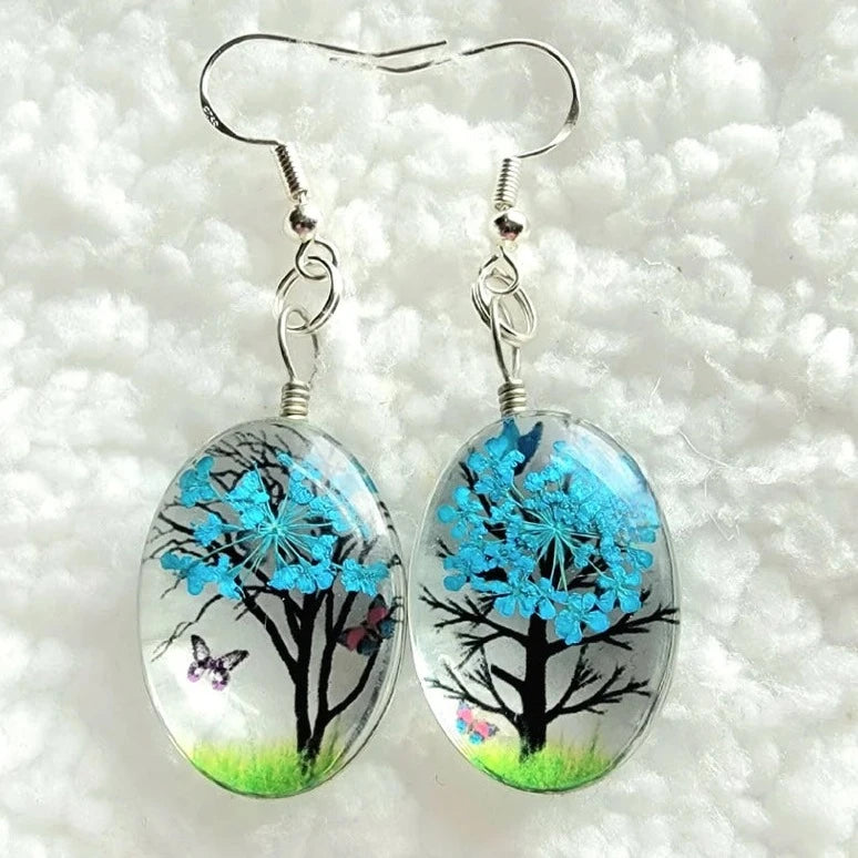 Boucle d’oreille turquoise baby’s Breath, design floral flottant, bijoux silhouette arbre de vie, pendentif fleur préservée, design naturellement pressé