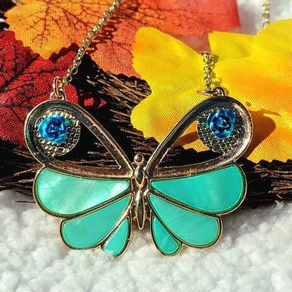 Turquoise Shell Butterfly Necklace, Insect Jewelry, Gift for Nature Lovers, Vibrant Artisan Summer Pendant