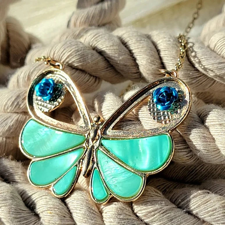 Turquoise Shell Butterfly Necklace, Insect Jewelry, Gift for Nature Lovers, Vibrant Artisan Summer Pendant