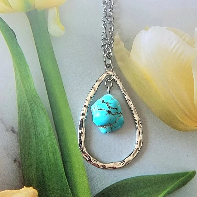 Teardrop-Shaped Faux Turquoise Stone Necklace, Southwestern Inspired Pendant, Versatile & Easy-to-Pair Jewelry, Talisman of Protection