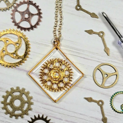 Mesmerizing Golden Wheel Gear Design Necklace, Steampunk Gear Pendant