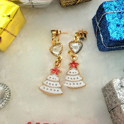 Boucles d’oreilles White Christmas Tree Dangle, Bijoux de vacances fantaisistes, Dangle de mode d’hiver, Bijoux festifs élégants, Accessoire mousseux enneigé