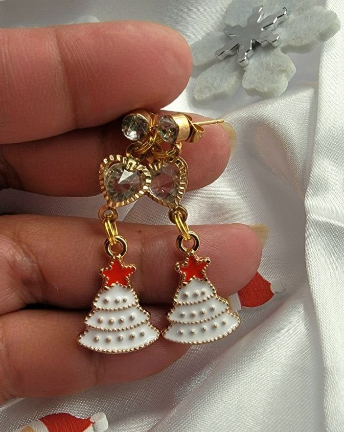 White Christmas Tree Dangle Earrings, Whimsical Holiday Jewelry, Winter Fashion Dangle, Elegant Festive Jewellery, Snowy Sparkling Accessory