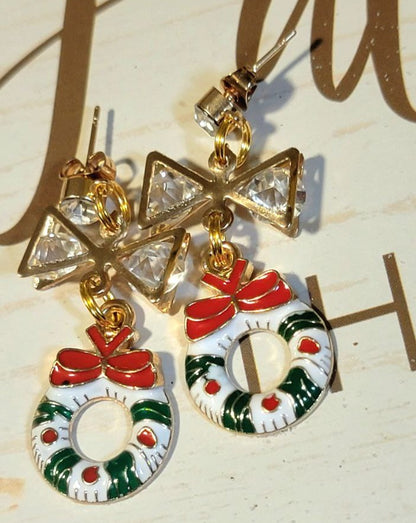 White Christmas Wreath Earrings with Sparkle, Dazzling Holiday Festive Jewelry,  Elegant Yuletide Fashion, Timeless Handcrafted Winter Glam