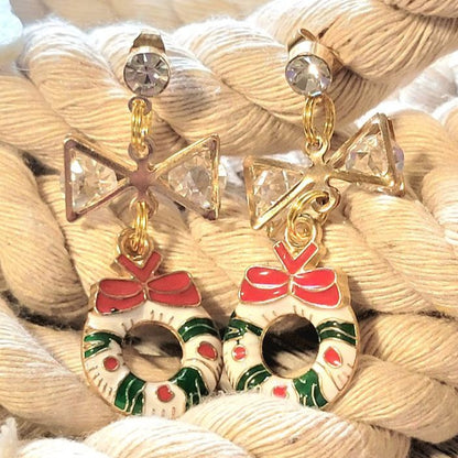 White Christmas Wreath Earrings with Sparkle, Dazzling Holiday Festive Jewelry,  Elegant Yuletide Fashion, Timeless Handcrafted Winter Glam