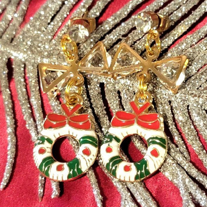 White Christmas Wreath Earrings with Sparkle, Dazzling Holiday Festive Jewelry,  Elegant Yuletide Fashion, Timeless Handcrafted Winter Glam