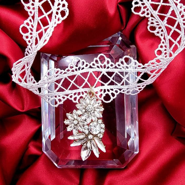 Elegant White Lace Floral Choker, Demure Elegance w/ Sparkling Allure, Day to Night Accessory