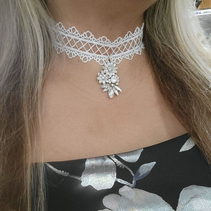 Elegant White Lace Floral Choker, Demure Elegance w/ Sparkling Allure, Day to Night Accessory