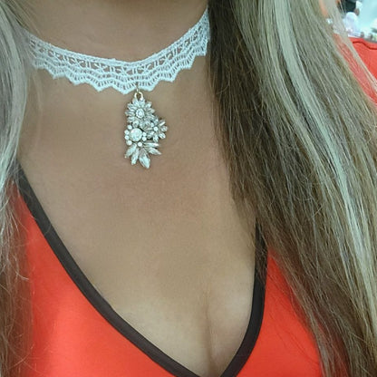 Thick White Lace Choker with Floral Rhinestone Pendant, Mirrorlike Accessory