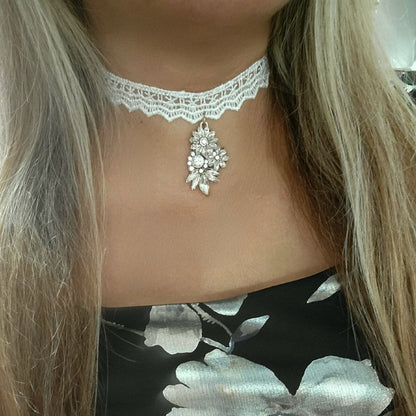 Thick White Lace Choker with Floral Rhinestone Pendant, Mirrorlike Accessory