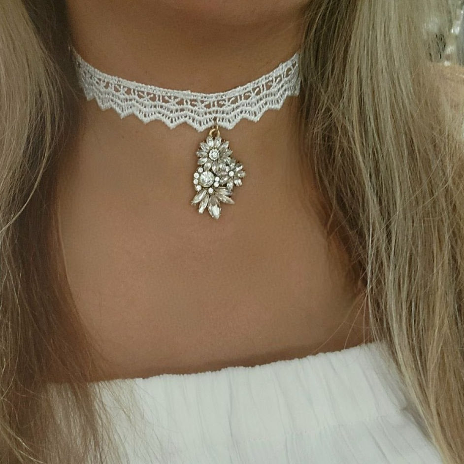 Thick White Lace Choker with Floral Rhinestone Pendant, Mirrorlike Accessory