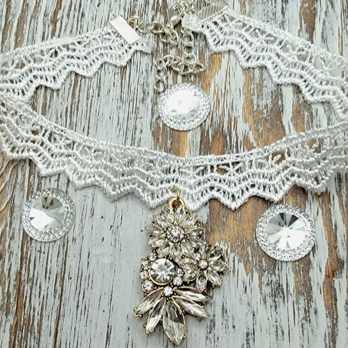 Thick White Lace Choker with Floral Rhinestone Pendant, Mirrorlike Accessory