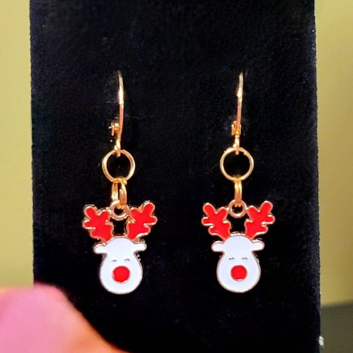 Red and White Rudolph the Red-Nosed Reindeer Earring, Classic Festive Season Dangle