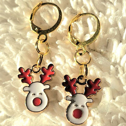 Red and White Rudolph the Red-Nosed Reindeer Earring, Classic Festive Season Dangle