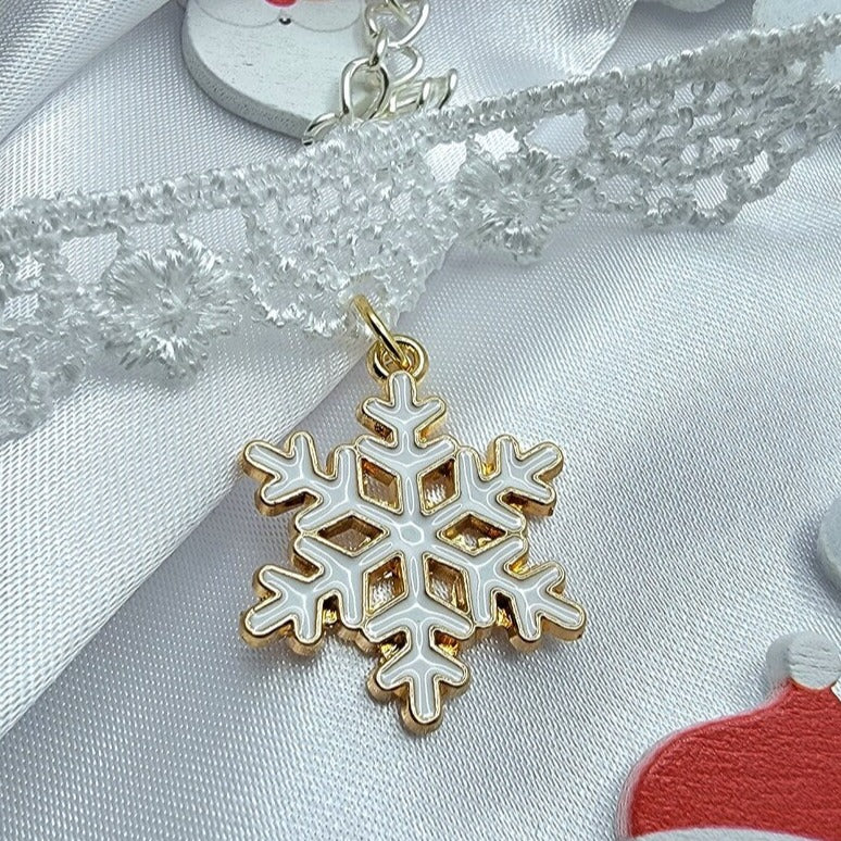 White Snowflake on Dainty White Lace Choker, Gold & White Festive Pendant, Holiday Statement Jewelry, Enchantingly Elegant Winter Accessory