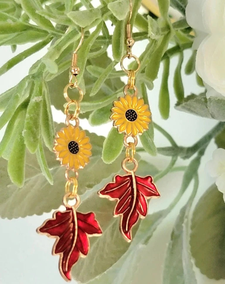 Wine Red Maple Leaf & Sunflower Earrings, Fall Beaded Dangle for Nature Lovers