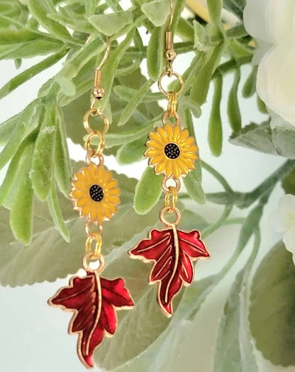 Wine Red Maple Leaf & Sunflower Earrings, Fall Beaded Dangle for Nature Lovers