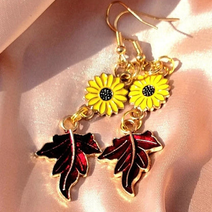 Wine Red Maple Leaf & Sunflower Earrings, Fall Beaded Dangle for Nature Lovers