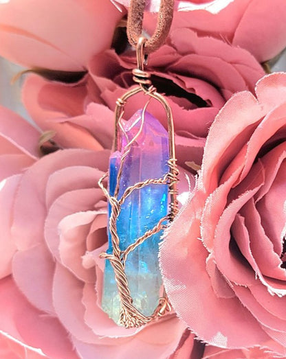 Cristal de cuarzo rosa envuelto en alambre de cobre, joyería de meditación, piedra preciosa mística, energía de amor universal, joyería de declaración para velada nocturna