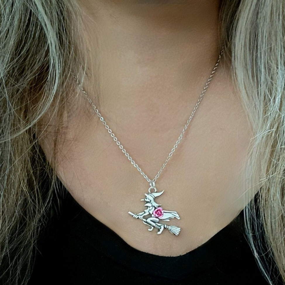 Bewitching Beauty on Broomstick  Necklace, Enchantress w/ 3D Pink Rose Detail