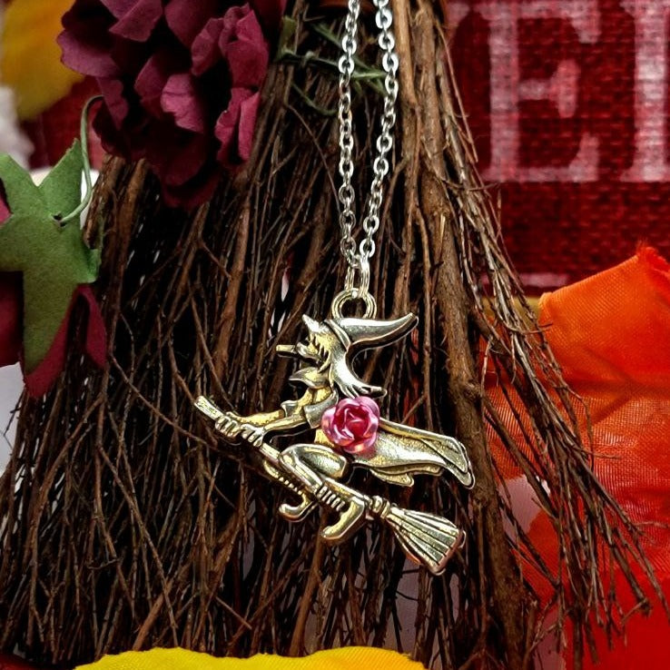 Bewitching Beauty on Broomstick  Necklace, Enchantress w/ 3D Pink Rose Detail