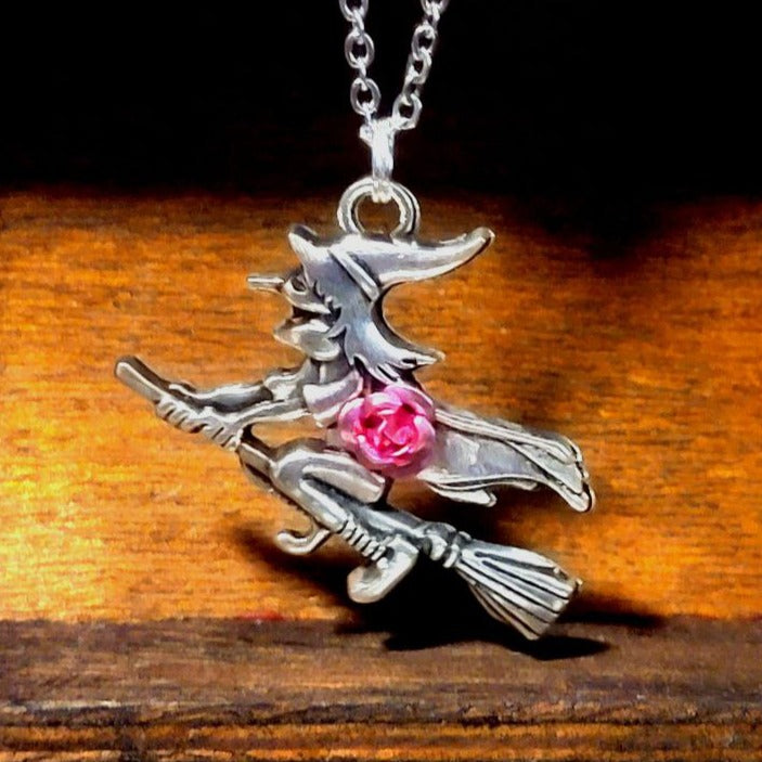 Bewitching Beauty on Broomstick  Necklace, Enchantress w/ 3D Pink Rose Detail