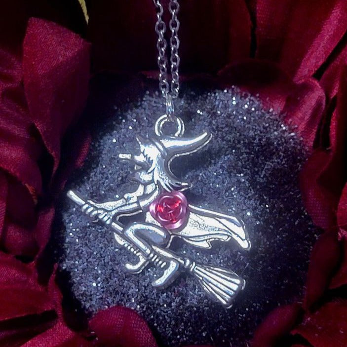 Bewitching Beauty on Broomstick  Necklace, Enchantress w/ 3D Pink Rose Detail