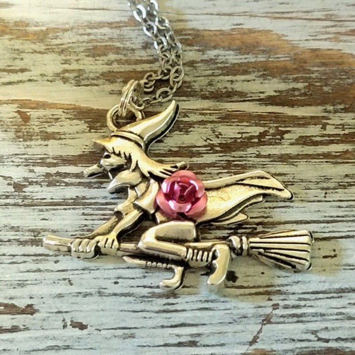 Bewitching Beauty on Broomstick  Necklace, Enchantress w/ 3D Pink Rose Detail