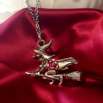 Bewitching Beauty on Broomstick  Necklace, Enchantress w/ 3D Pink Rose Detail