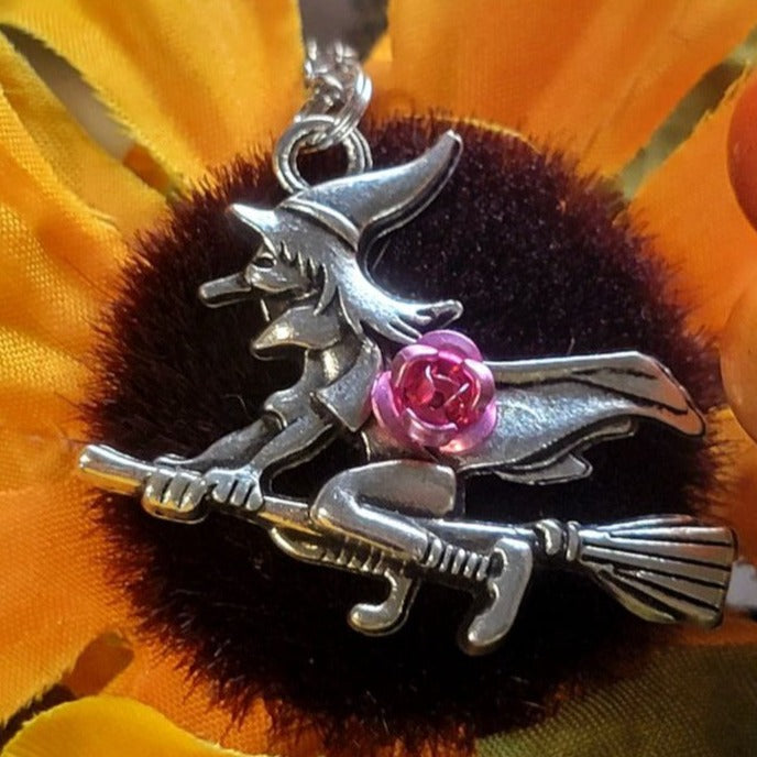 Bewitching Beauty on Broomstick  Necklace, Enchantress w/ 3D Pink Rose Detail