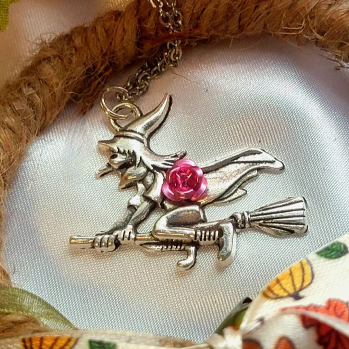 Bewitching Beauty on Broomstick  Necklace, Enchantress w/ 3D Pink Rose Detail