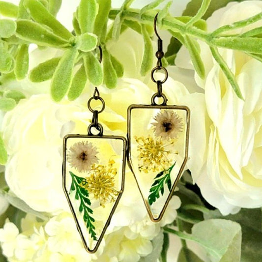 Boucle d’oreille Sunshine Yellow &amp; Green Medley, Timeless Beauty Garden Dangles, Cadeau parfait pour les amoureux de la nature, Bijoux écologiques uniques