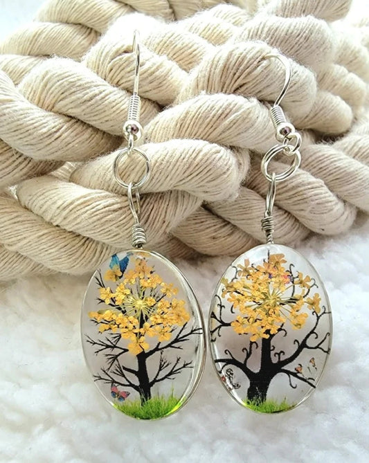 Boucle d’oreille fleurs orange jaune, bijoux floraux pressés en résine, pendentifs naturellement préservés, bijoux inspirés de la nature, cadeau d’amoureux des plantes