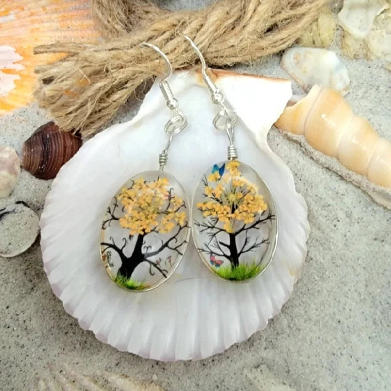 Yellow Orange Flowers Earring, Resin Pressed Floral Jewelry, Naturally Preserved Dangles, Nature Inspired Jewellery, Plant Lover Gift