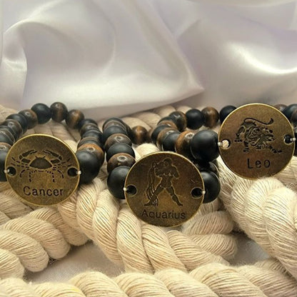 Timeless Handcrafted Zodiac Sign Bracelet, Celestial Fashion Meets Cosmic Charm, Earth-Toned Beads w/ Matte Onyx, Mystic Vibes