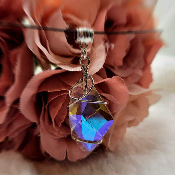 Wire Wrapped Crystal Necklace, Unique Holographic Pendant, Quartz Choker, Spiritual Gift, Energetic Healing Jewellery, Boho Chic Accessory