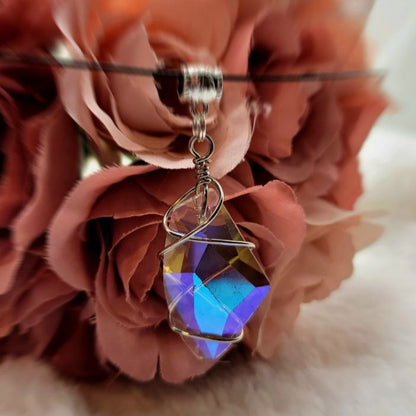 Wire Wrapped Crystal Necklace, Unique Holographic Pendant, Quartz Choker, Spiritual Gift, Energetic Healing Jewellery, Boho Chic Accessory