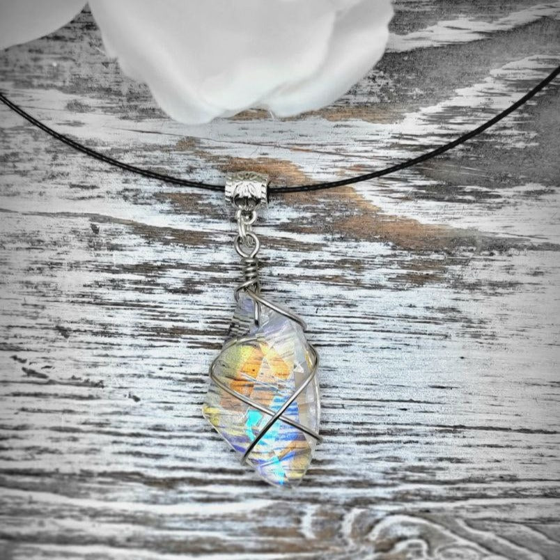 Wire Wrapped Crystal Necklace, Unique Holographic Pendant, Quartz Choker, Spiritual Gift, Energetic Healing Jewellery, Boho Chic Accessory