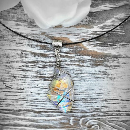 Wire Wrapped Crystal Necklace, Unique Holographic Pendant, Quartz Choker, Spiritual Gift, Energetic Healing Jewellery, Boho Chic Accessory